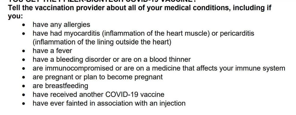 conditions that might be a problem for the vaccination