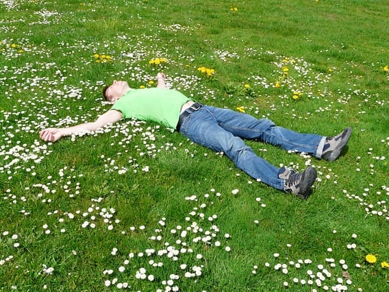 a man lying in a field with daisies on grass