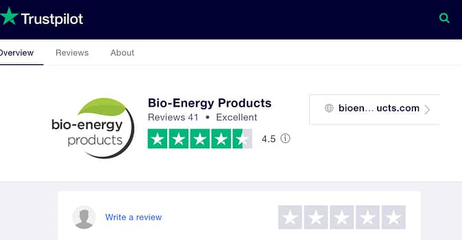 Trustpilot rating for BioEnergy Products, 4.5 stars out of 5